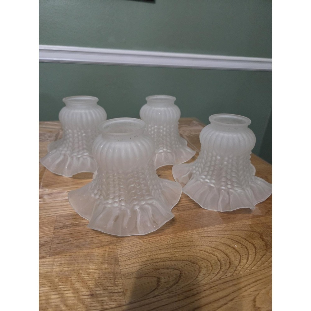 Vintage Set Of 4 Frosted Glass Ruffled Lamp Shades